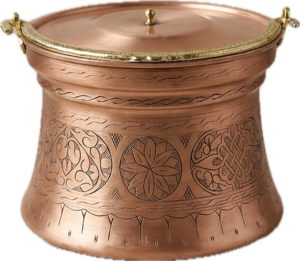 Copper bakraç bucket with hand-engraved panels